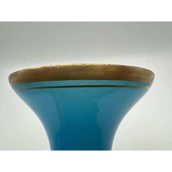 French Blue Opaline Glass Vase Baluster Shape & Flare Rim with Gold Band 8.25” - Picture 5 of 12